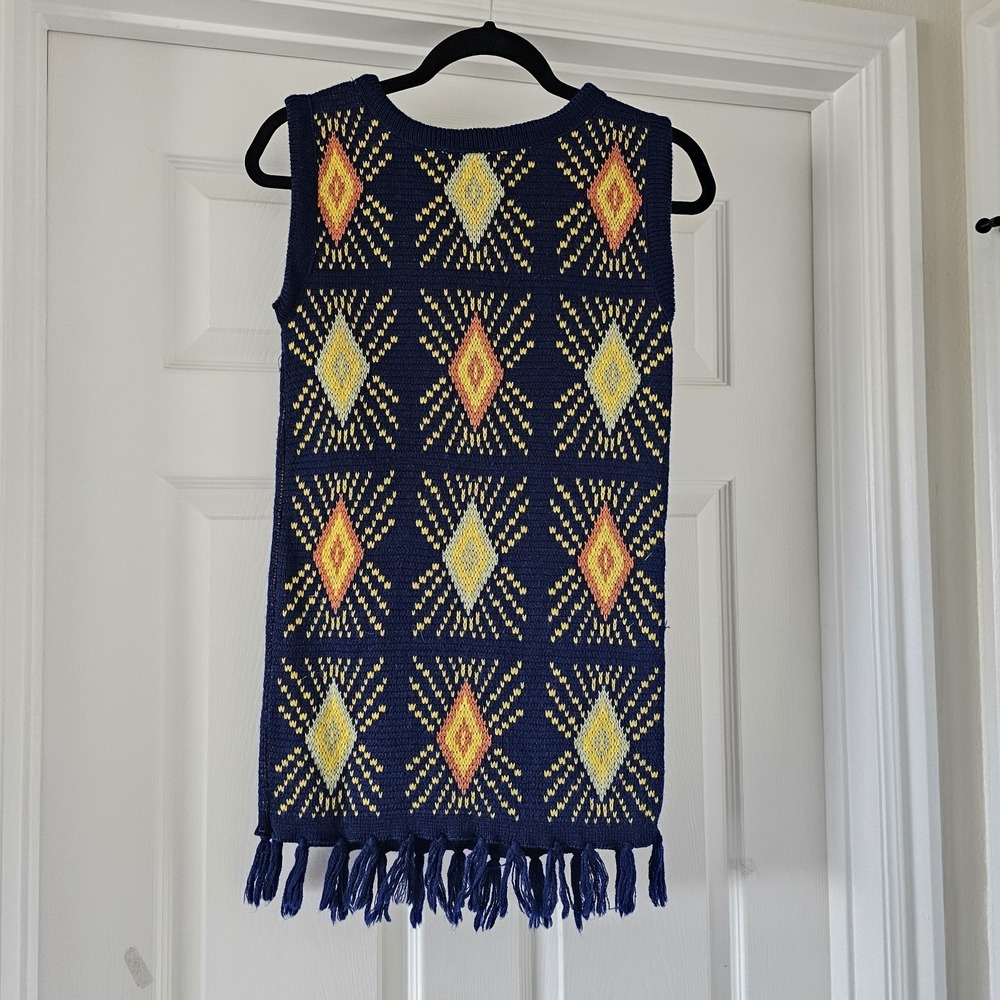 1970s Vintage White Stag Medium Wool Knit Navy Sweater Vest Fringe Diamond #13